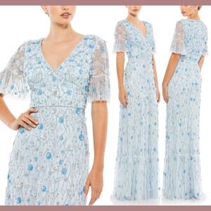 NWT Mac Duggal [ 8 ] 35110 Embellished V Neck Empire Waist Ruffle Hem Gown J1854